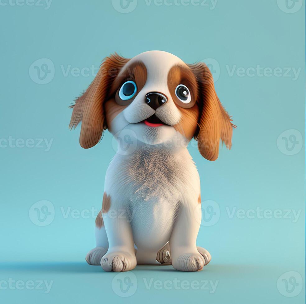 Realistic 3D rendering of a happy, fluffy and cute puppy smiling with big eyes looking straight at you. Created with photo