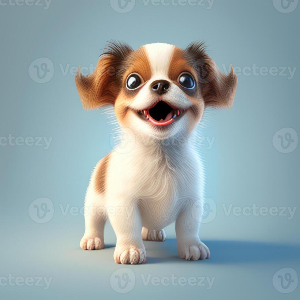 Realistic 3D rendering of a happy, fluffy and cute puppy smiling with big eyes looking straight at you. Created with photo