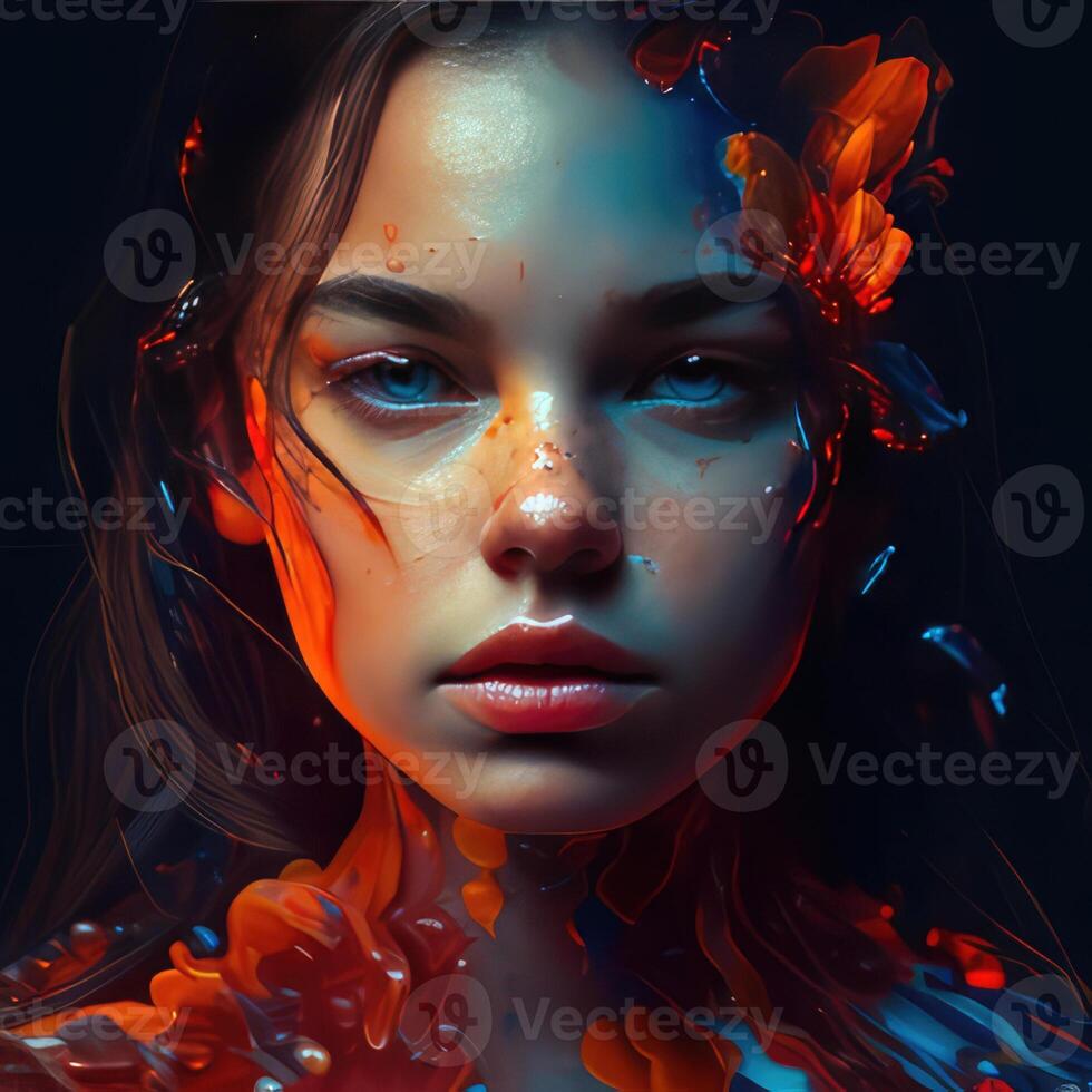 Beautiful face of a girl in the color of paints. Created with photo