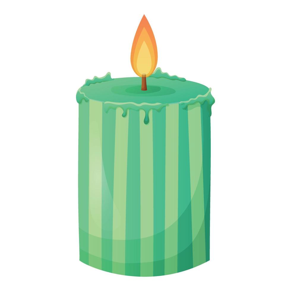 Festive striped green wax candle with fire. Vector isolated cartoon illustration.