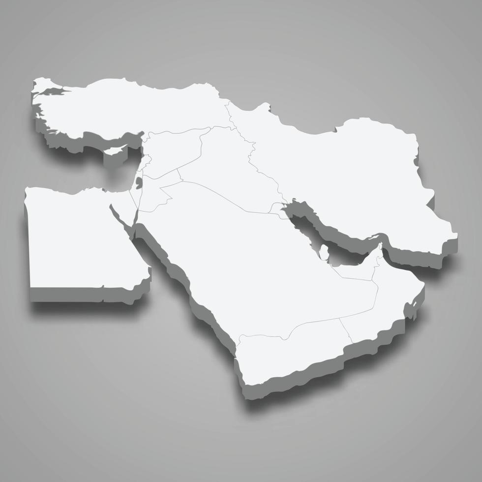 3d isometric map of Middle East region, isolated with shadow vector