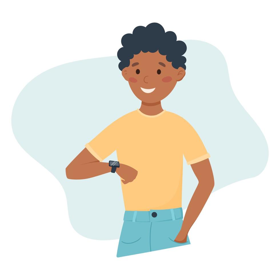 Boy looking at a fitness bracelet on his wrist. Using smart watch. Vector flat illustration of an African American man.