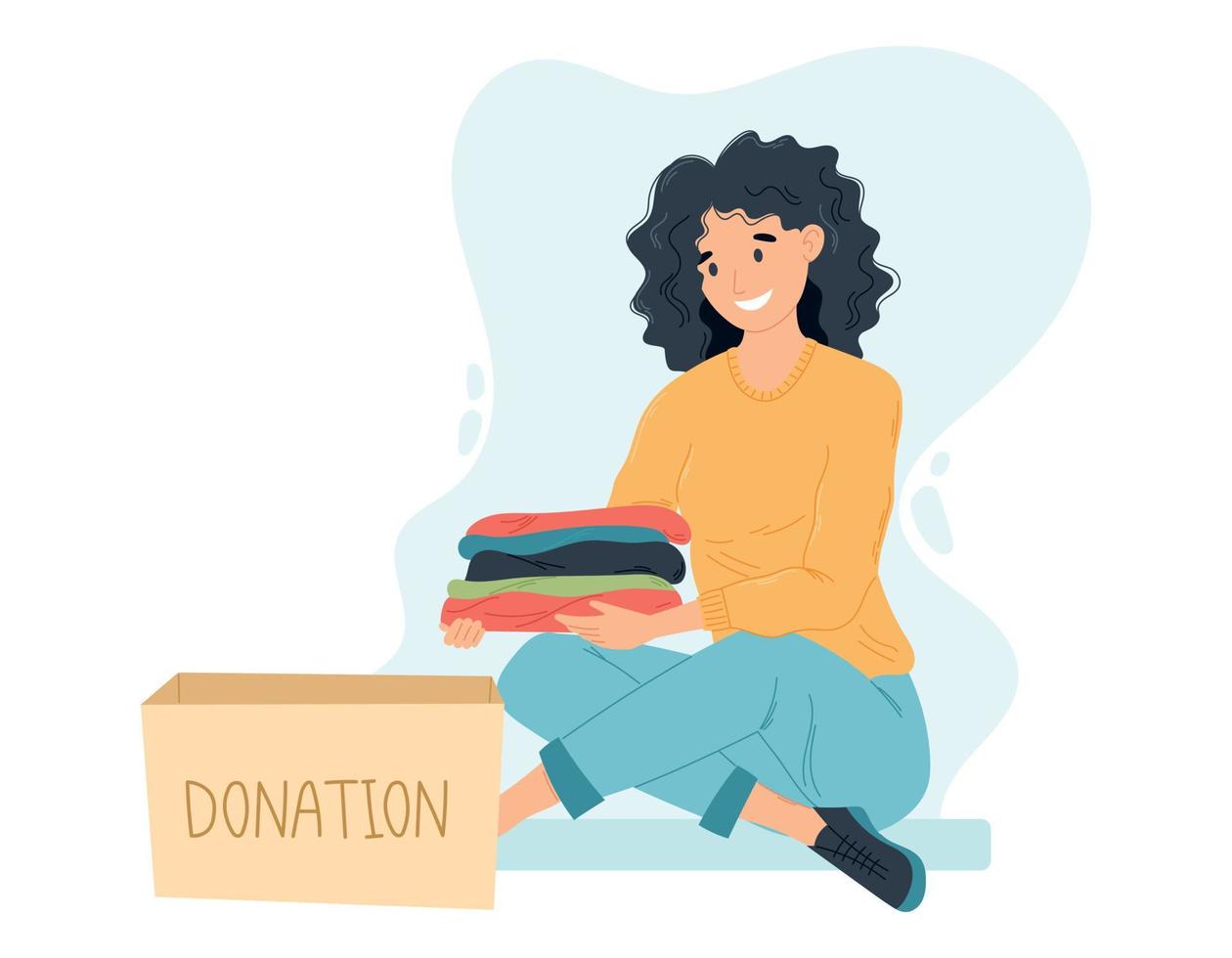 sonriente mujer sentado con apilar de ropa y donación caja. compartiendo cosas con gente. hora para caridad diseño elemento. vector plano ilustración.