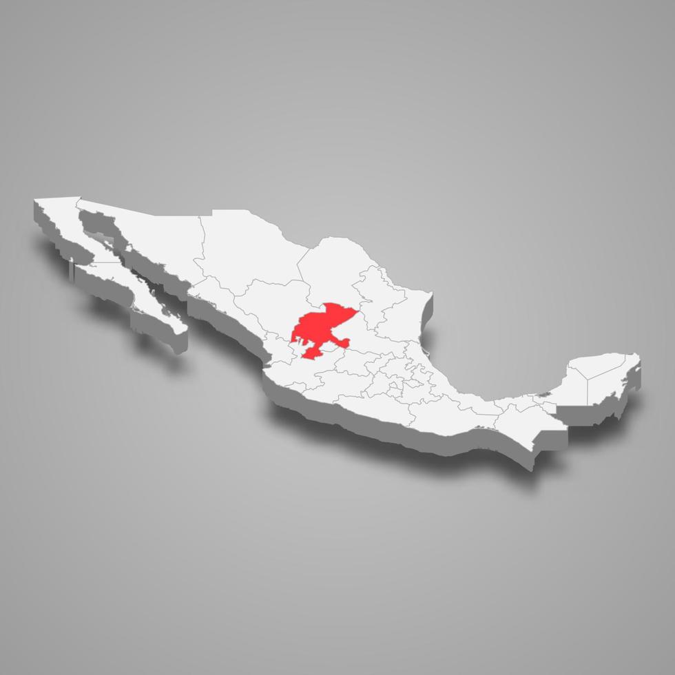 Zacatecas region location within Mexico 3d map vector