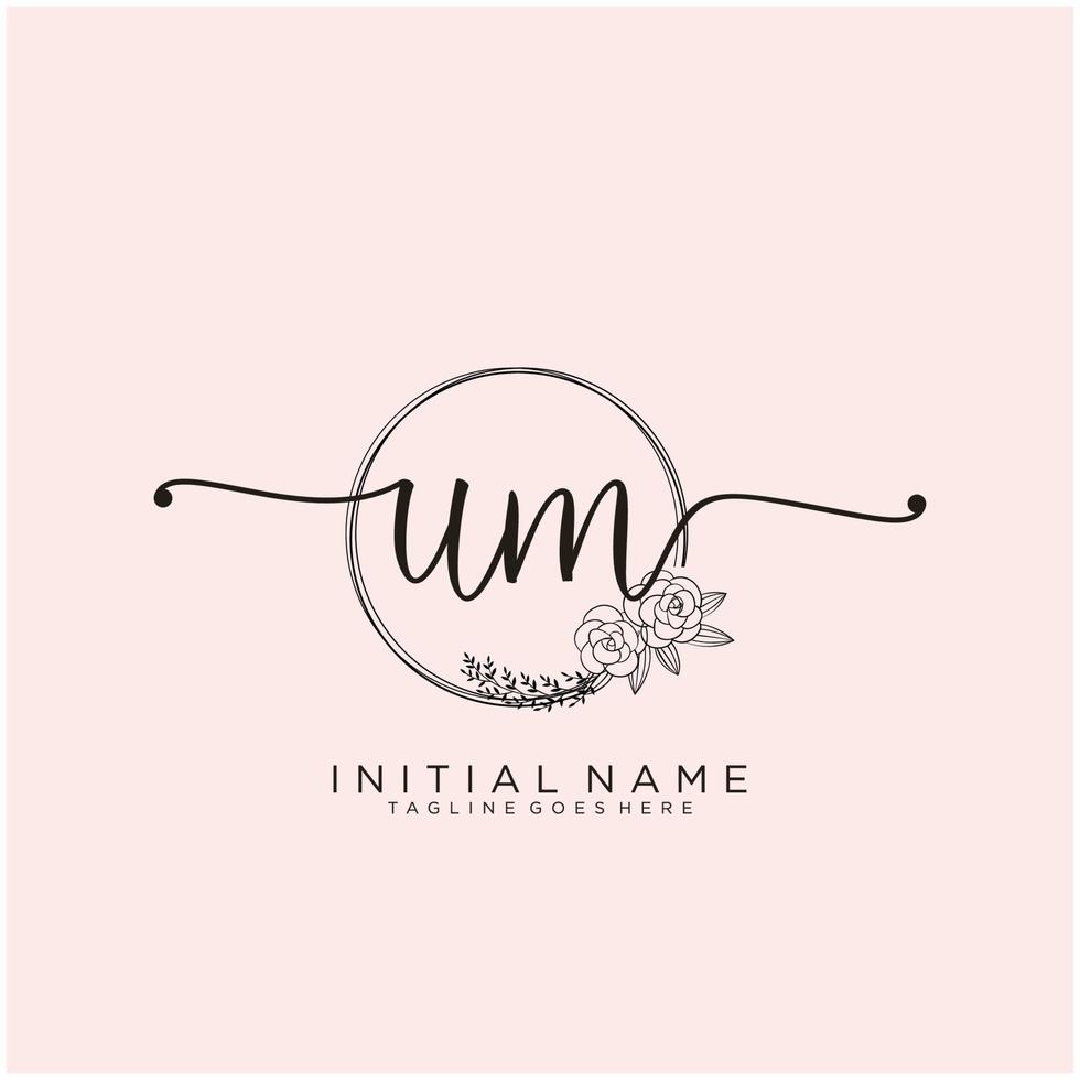 Initial UM feminine logo collections template. handwriting logo of initial signature, wedding, fashion, jewerly, boutique, floral and botanical with creative template for any company or business. vector