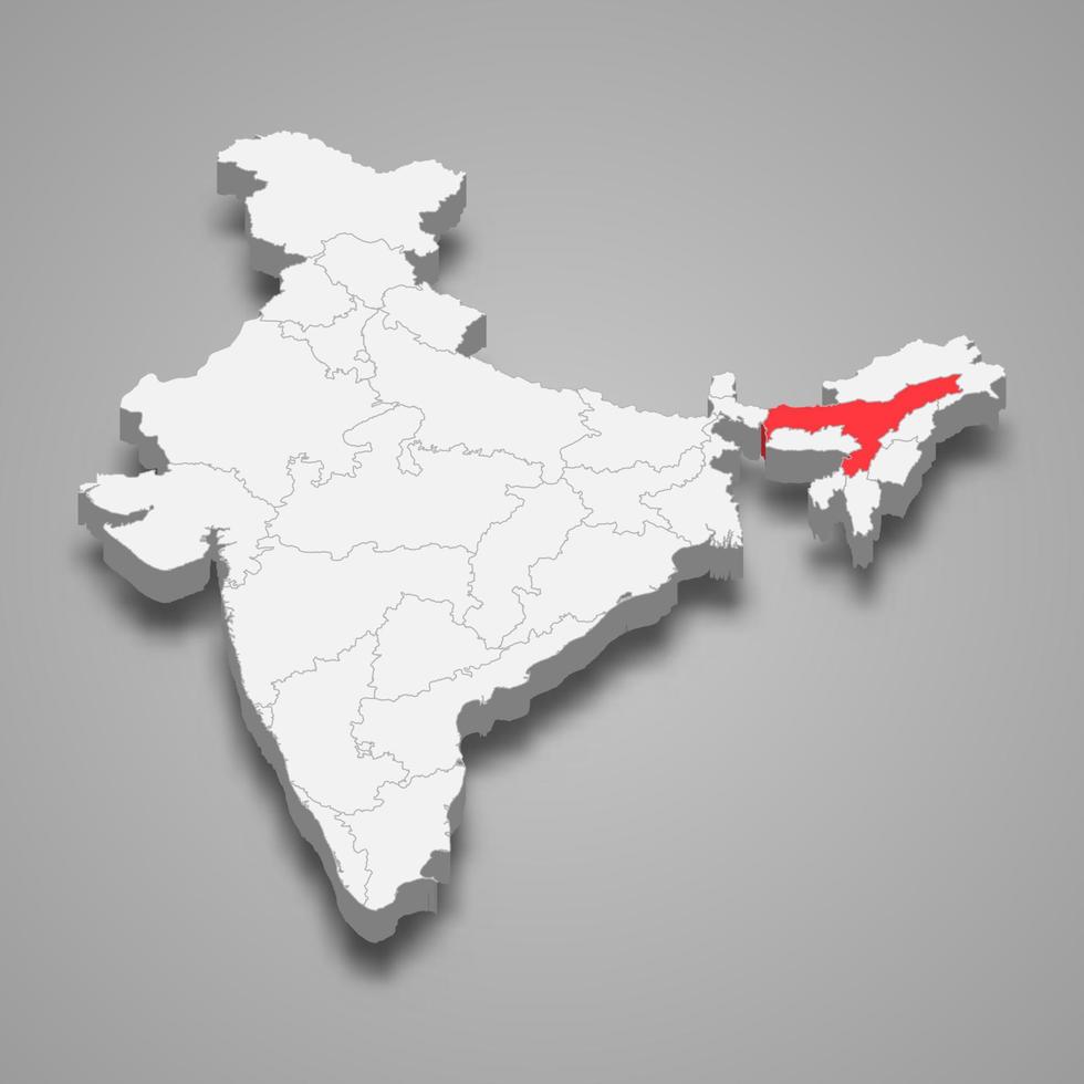 Assam state location within India 3d map vector