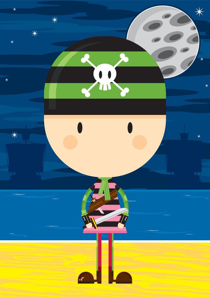 Cute Cartoon Swashbuckling Bandana Pirate with Sword on the Beach by Moonlight vector