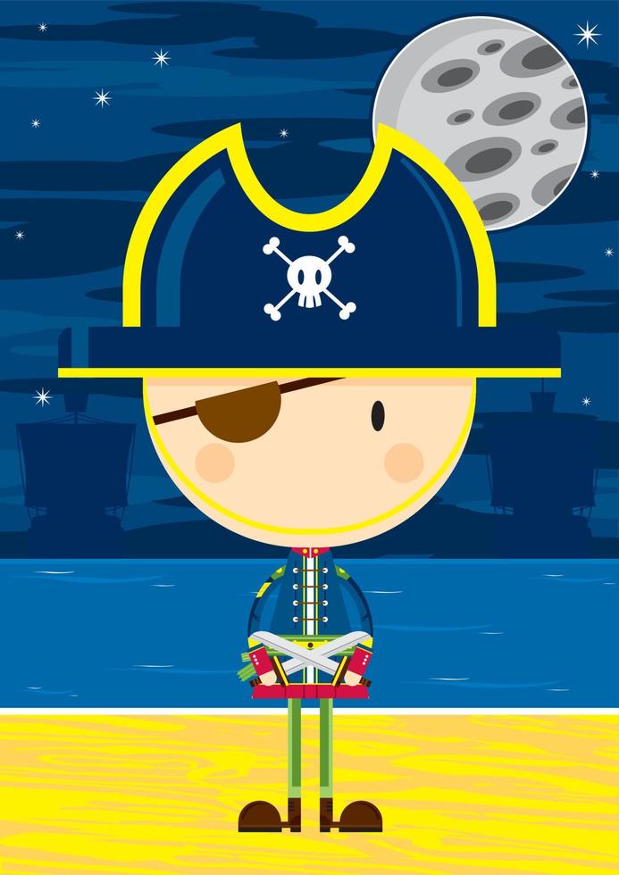 Cute Cartoon Swashbuckling Eyepatch Pirate Captain with Swords on the Beach by Moonlight vector
