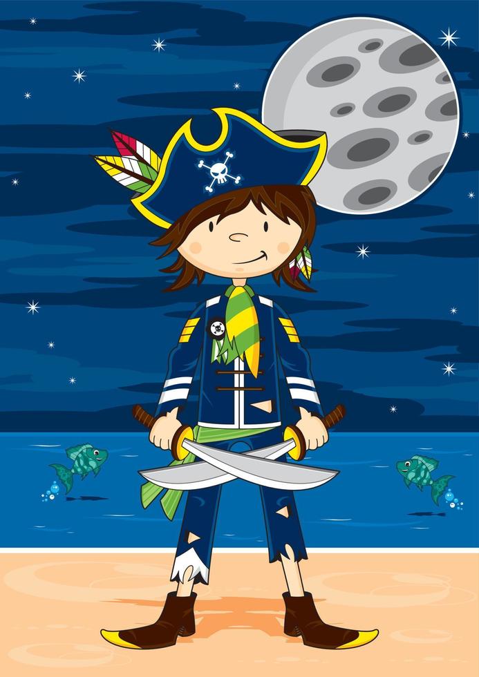 Cute Cartoon Swashbuckling Pirate Captain with Swords on the Beach by Moonlight vector