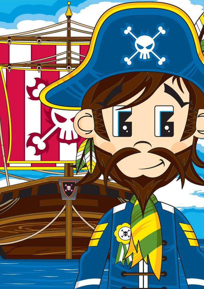 Cartoon Swashbuckling Pirate Captain with Jolly Roger Skull and Crossbones Ship vector
