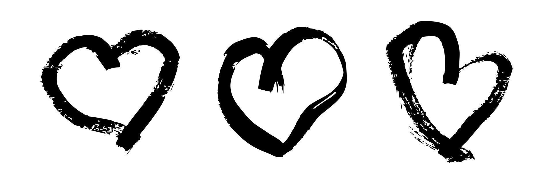 Hand drawn brush hearts. Set of three grunge black doodle hearts on white background. Romantic love symbol. Vector illustration.