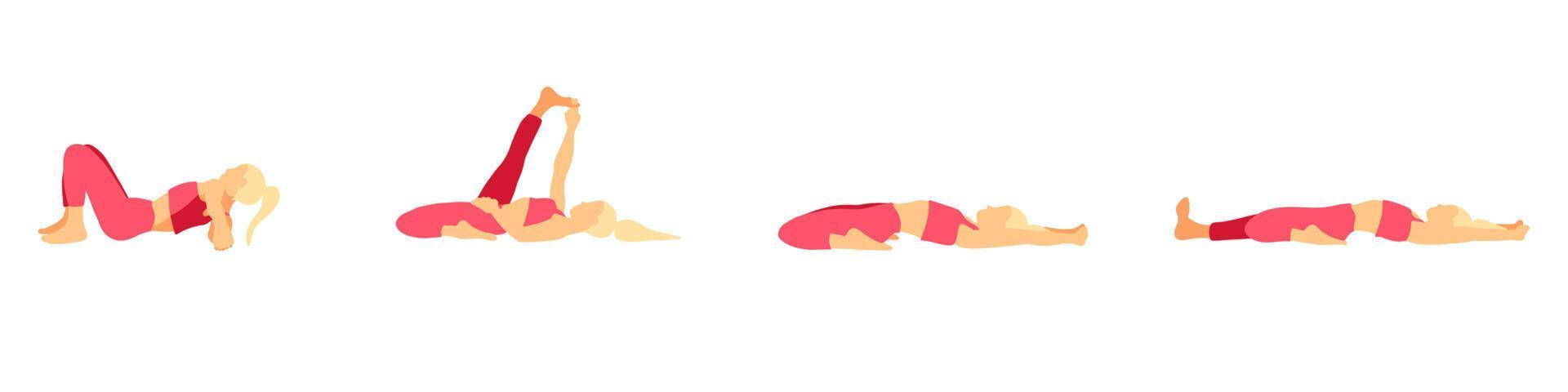 Flexibility yoga poses collection. European, African, Asian female, lady, woman, girl. Pilates, mental health, training, gym. Vector illustration in cartoon flat style isolated on white background.