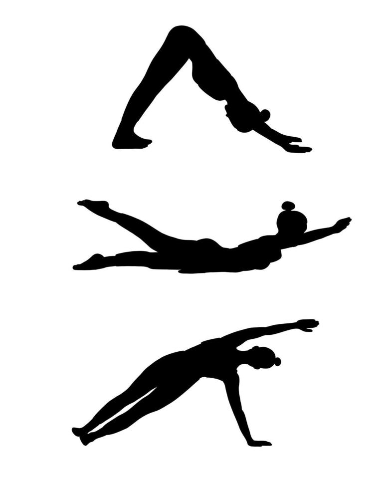 Flexibility yoga poses collection. Black shadow. Female, lady, woman, girl. Meditation, pilates, mental health, training, gym. Vector illustration in cartoon flat style isolated on white background.