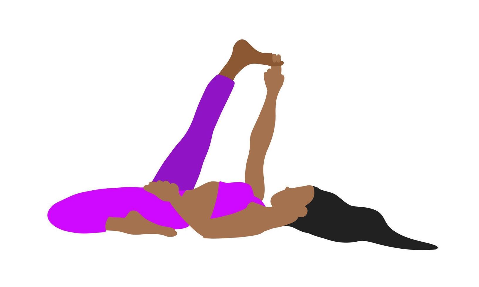 Flexibility yoga pose lying on back. African American longhair female, lady, woman, girl. Pilates, mental health, training, gym. Vector illustration in cartoon flat style isolated on white background.