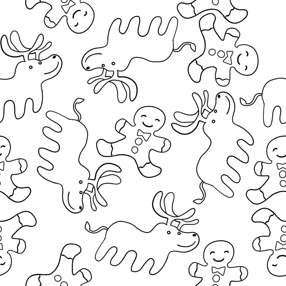 Gingerbread Man and Deer in outline doodle style. Christmas and New Year cookie. Vector seamless pattern isolated on white background.
