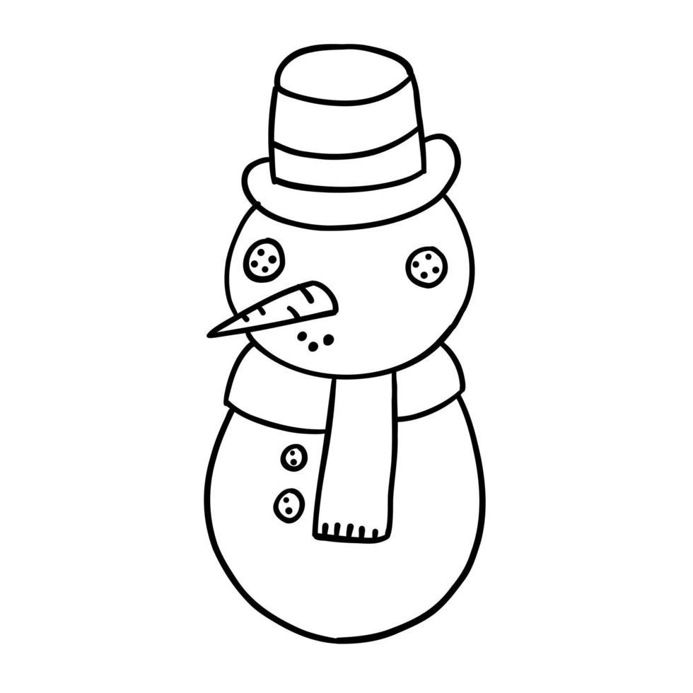 Christmas and New Year snowman in outline doodle style. Vector illustration isolated on white background.