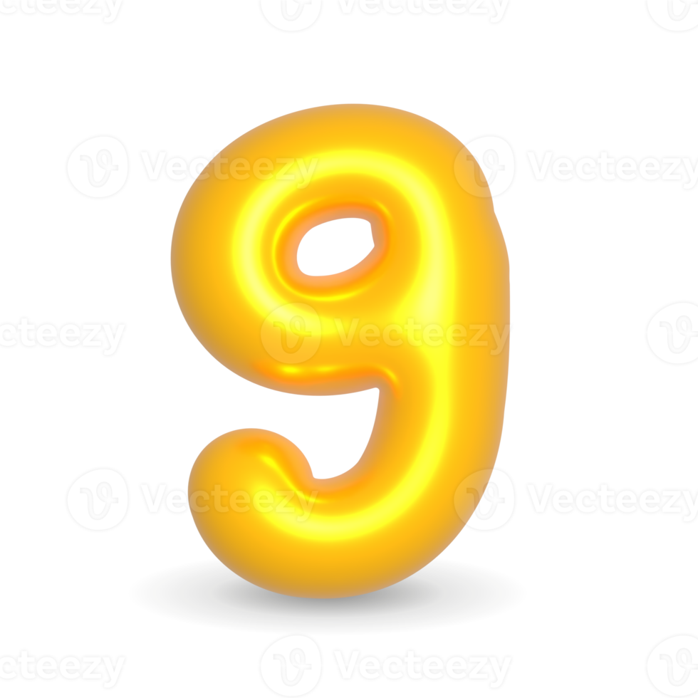 Number Nine Golden Balloon 3d render. Realistic design element for events. png