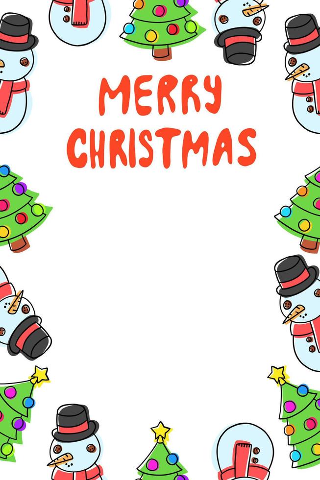 Navidad tarjeta modelo con árbol y monigote de nieve en dibujos animados plano estilo aislado en blanco antecedentes. vector