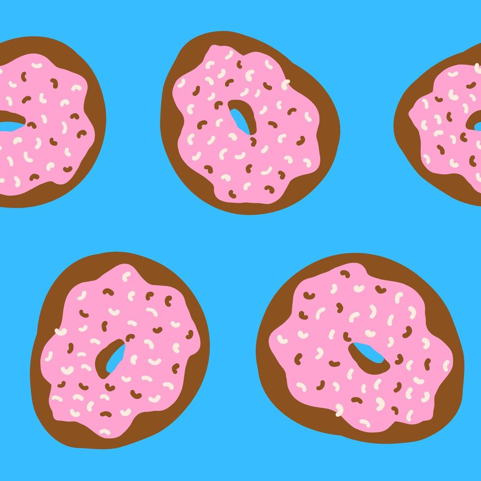 Seamless pattern of donut rings in cartoon flat style. Chocolate and white sprinkles, pink cream and chocolate base. Sweet bakery. Vector colorful illustration isolated on blue background.