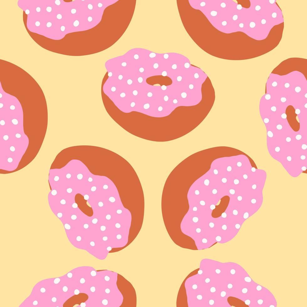 Seamless pattern of donut rings in cartoon flat style. White ball sprinkles on a glazed pink cream with chocolate base. Sweet bakery. Vector colorful illustration isolated on light background.