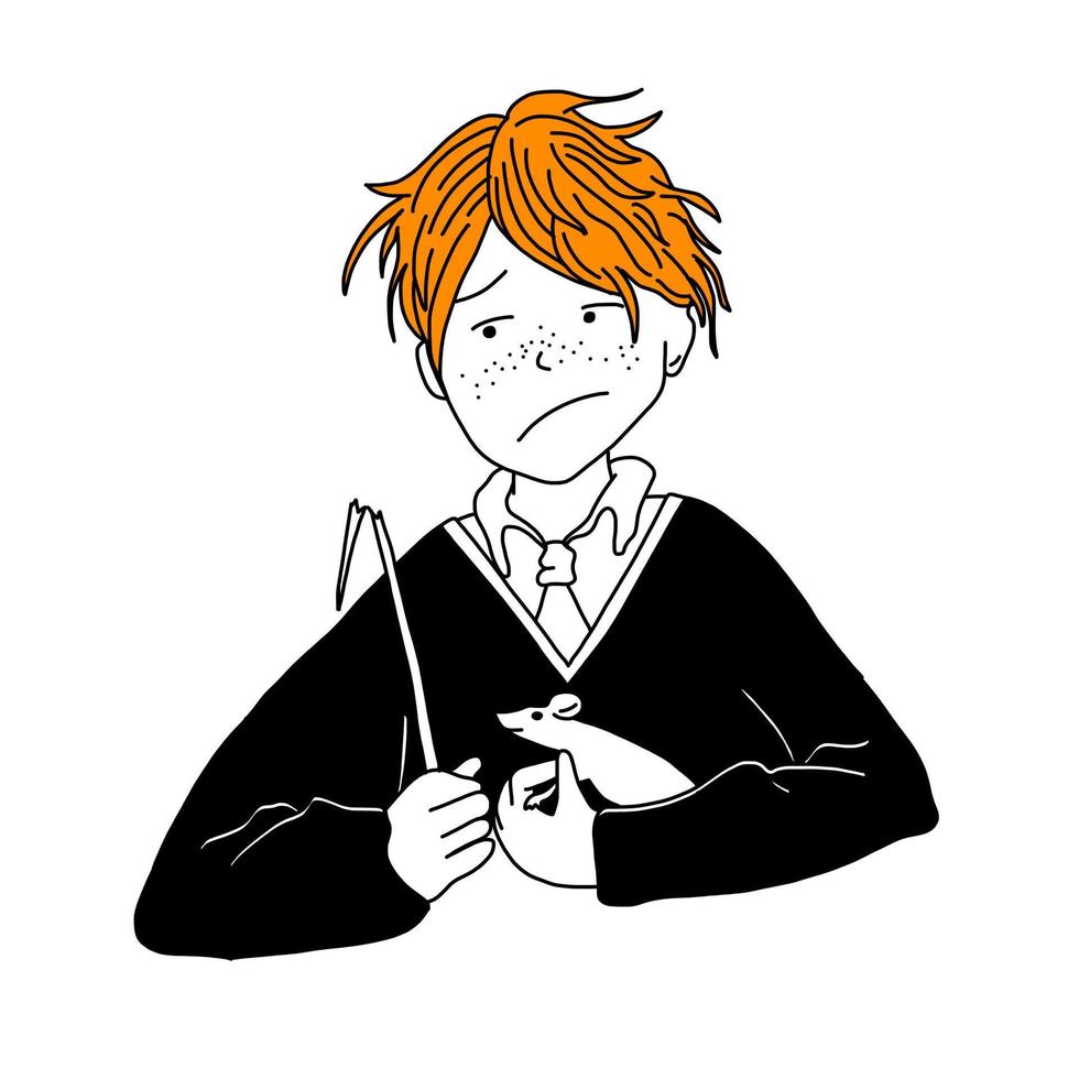 Ron with a rat in glasses with white owl from the books. Magic vector illustration in cartoon doodle style isolated on white background.