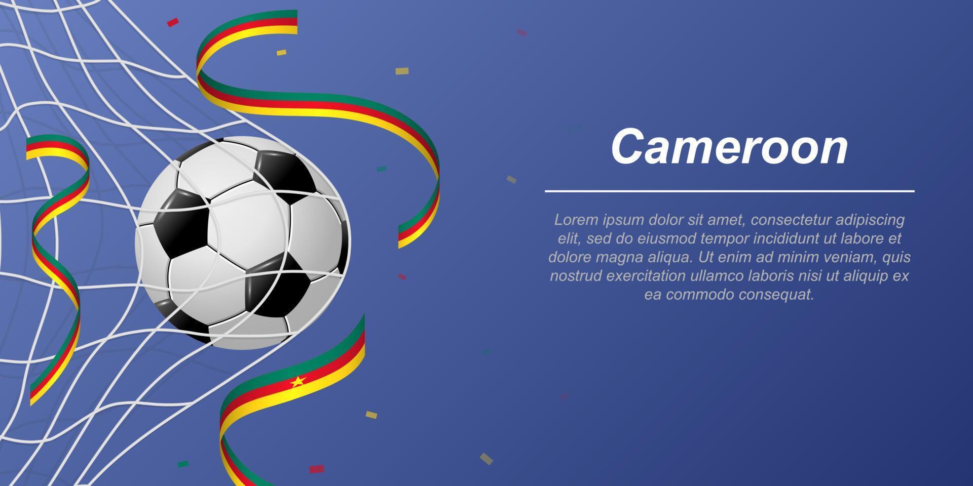 Soccer background with flying ribbons in colors of the flag of Cameroon vector