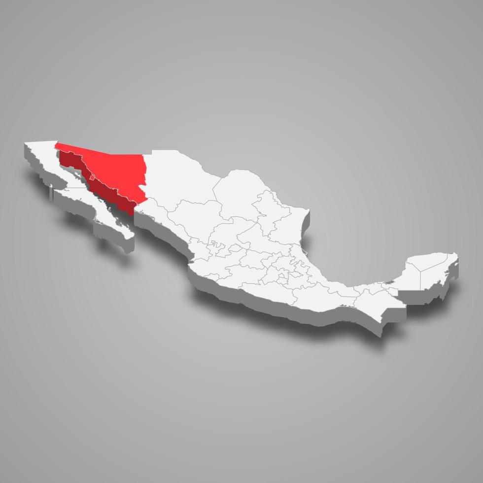 Sonora region location within Mexico 3d map vector