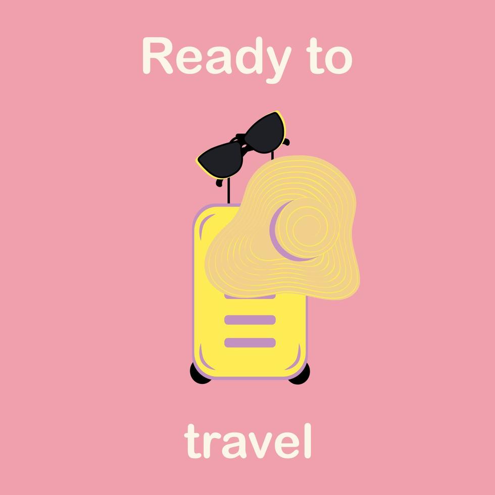 Design with suitcase, wide-brimmed hat, sunglasses and lettering Ready to travel in trendy shades vector