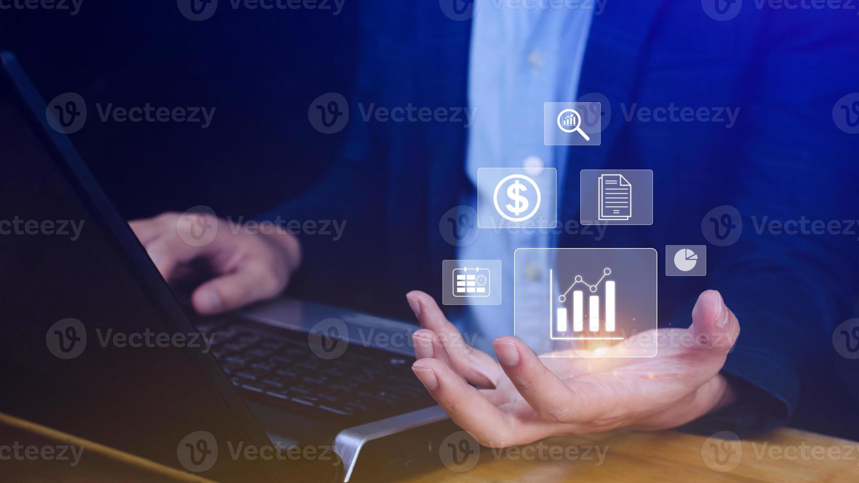 Big data analytics and business intelligence BI concept with chart and graph icons on digital screen interface and business people in the background. photo