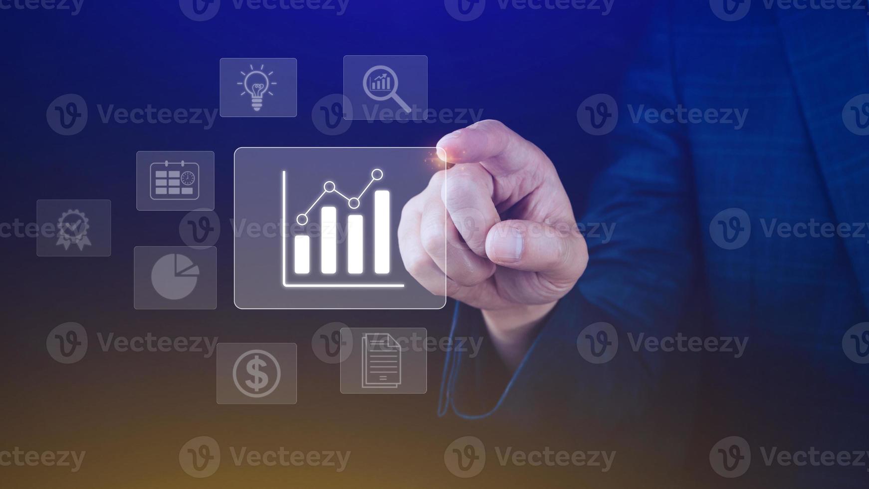 Big data analytics and business intelligence BI concept with chart and graph icons on digital screen interface and business people in the background. photo