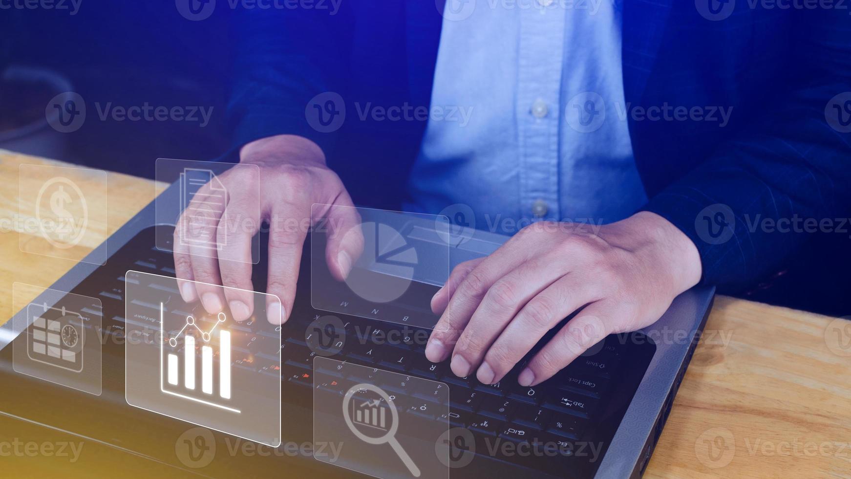 Big data analytics and business intelligence BI concept with chart and graph icons on digital screen interface and business people in the background. photo