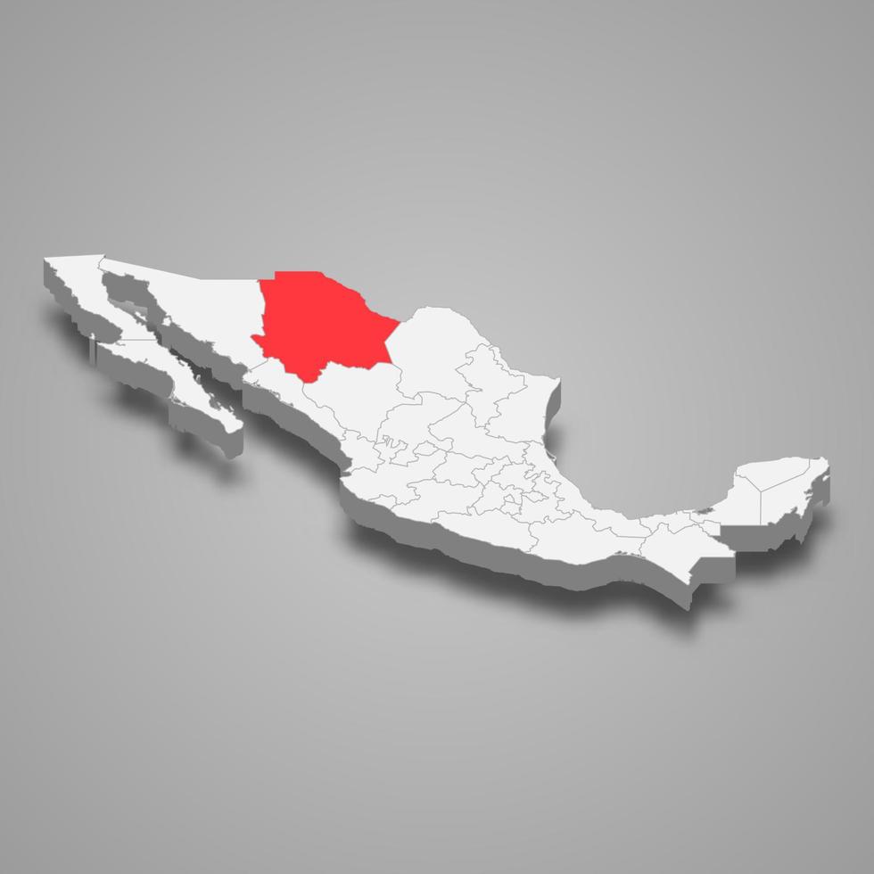 Chihuahua region location within Mexico 3d map vector