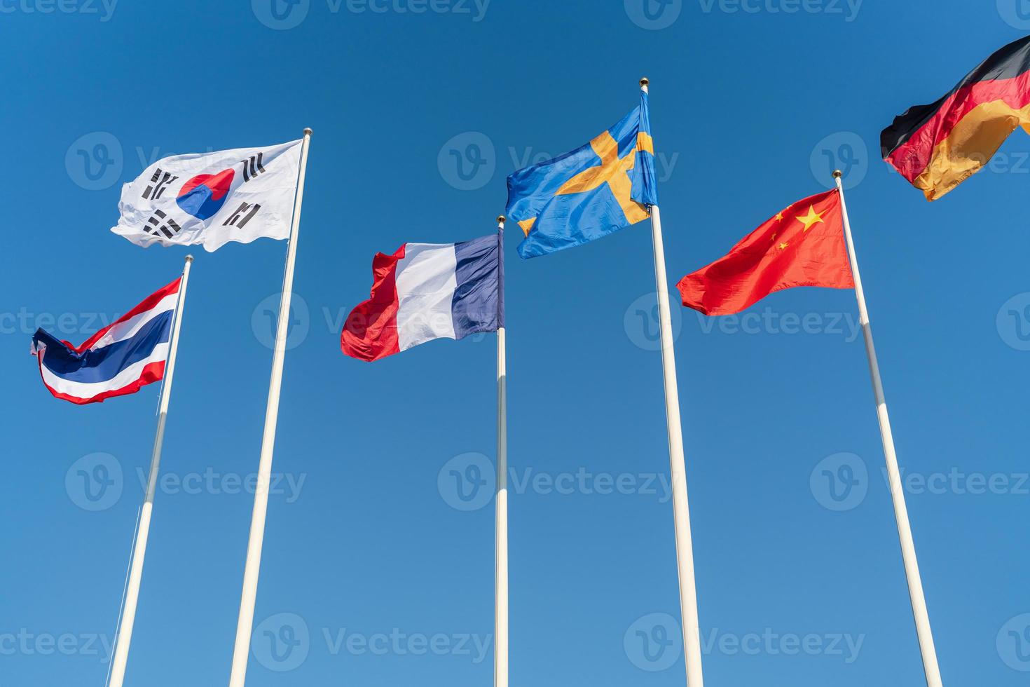 The national flags of six nations, Thailand, South Korea, France, Sweden, China, Germany photo
