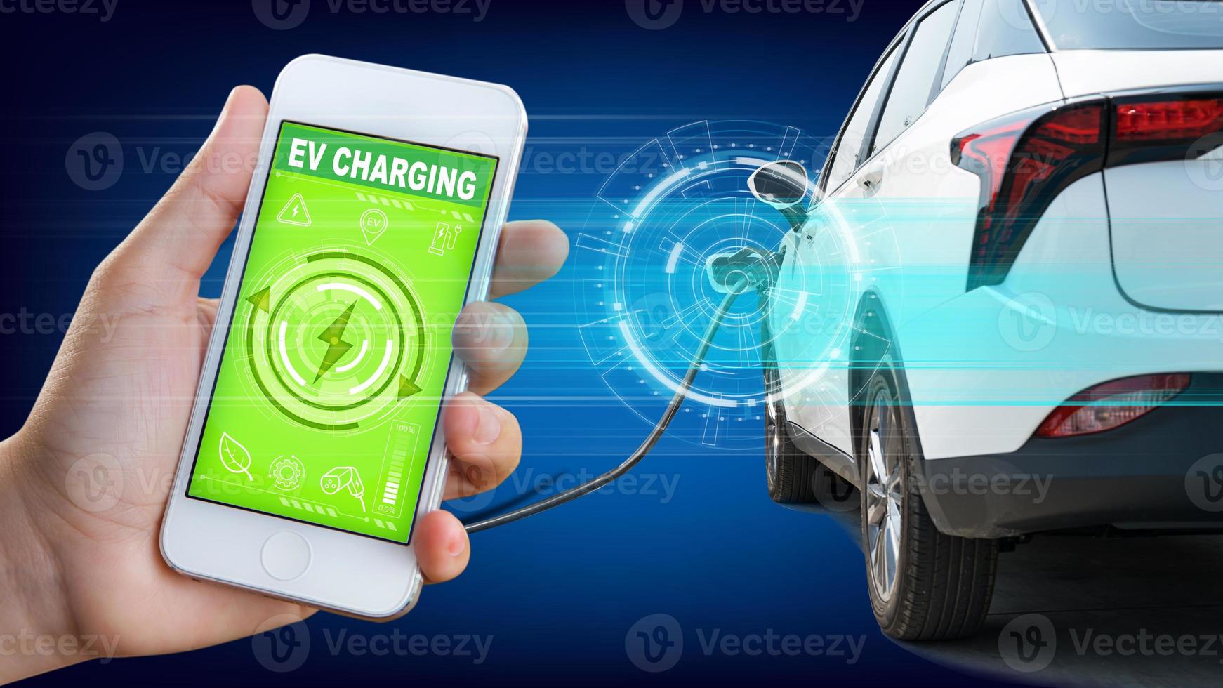 Electric car charging station, Charging electric vehicles with mobile apps 21809014 Stock Photo