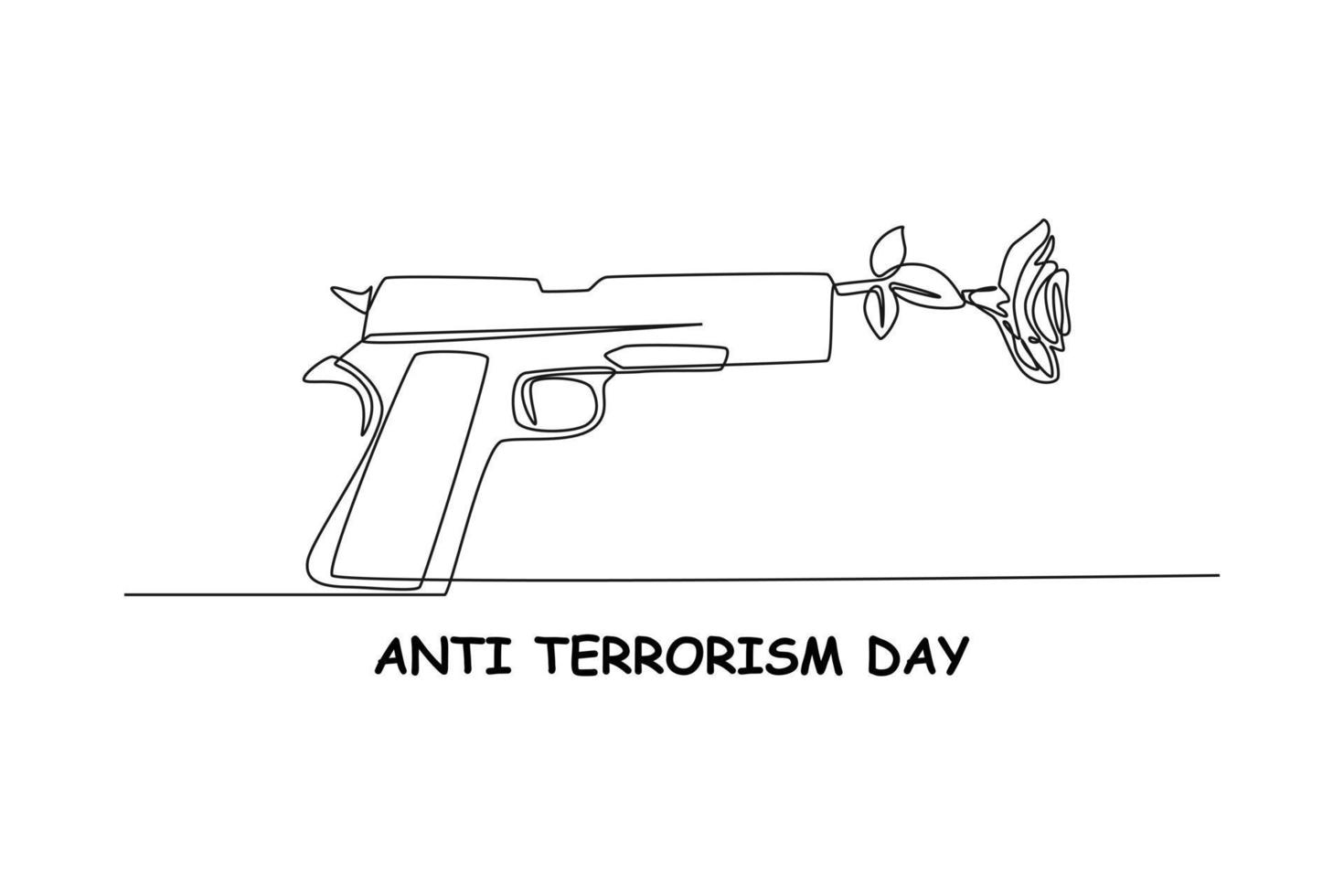 Single one-line drawing flower at the end of a gun. Anti-terrorism day concept continuous line draw design graphic vector illustration