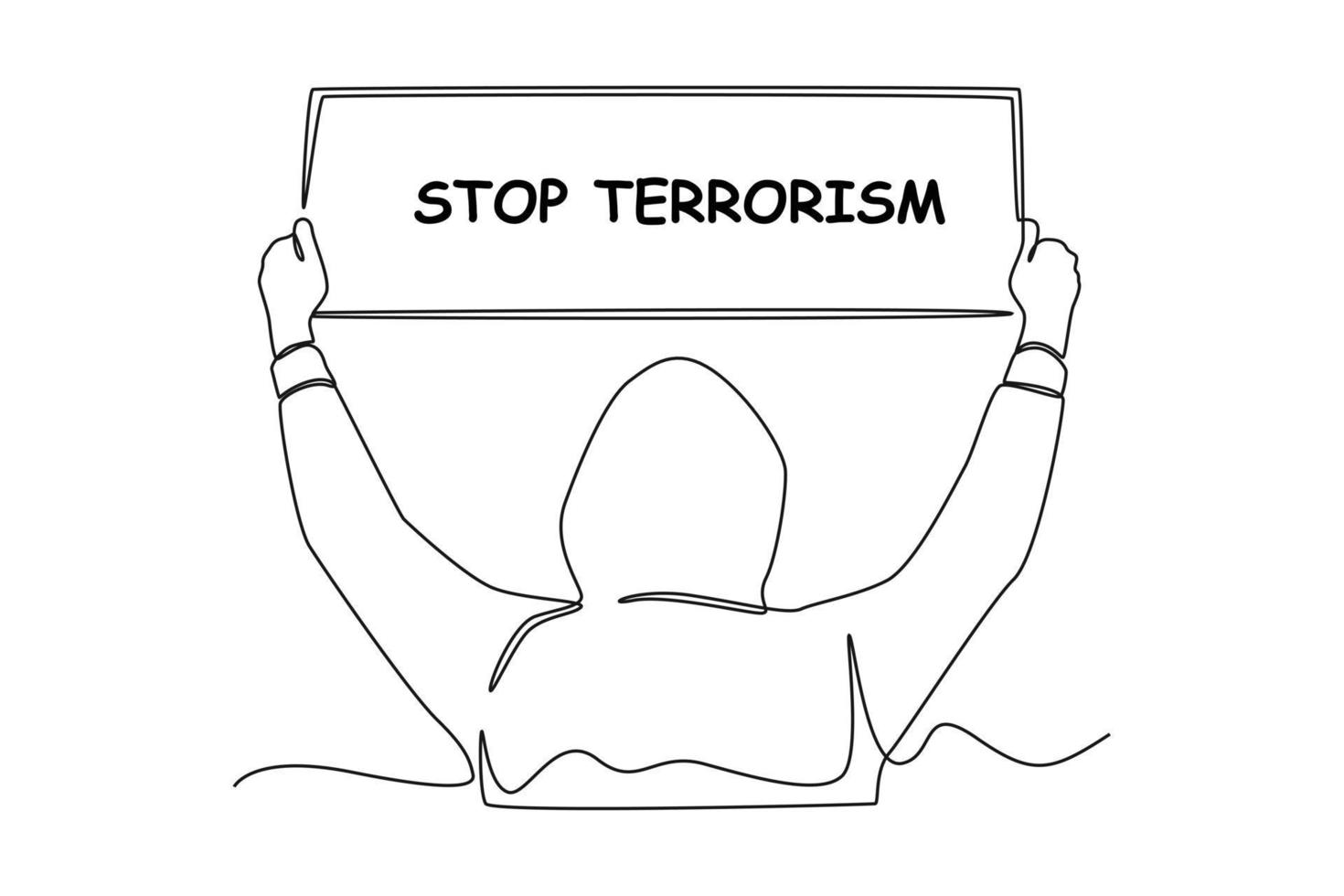 Single one-line drawing of a man holds up a stop terrorism sign. Anti-terrorism day concept continuous line draw design graphic vector illustration