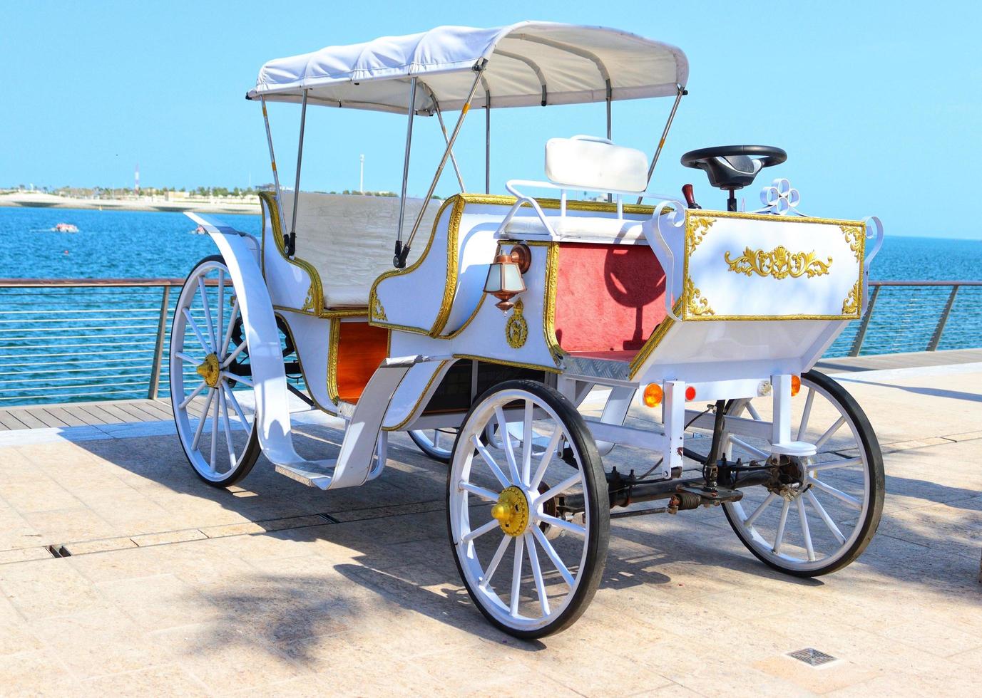 aislado caballo carro rueda, cenicienta calabaza carro en playa foto