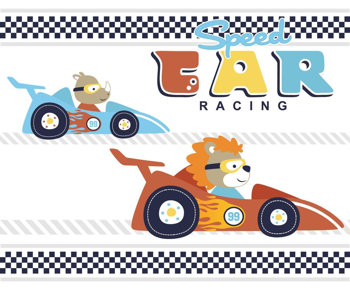 Funny lion with rhino on racing car, vector cartoon illustration