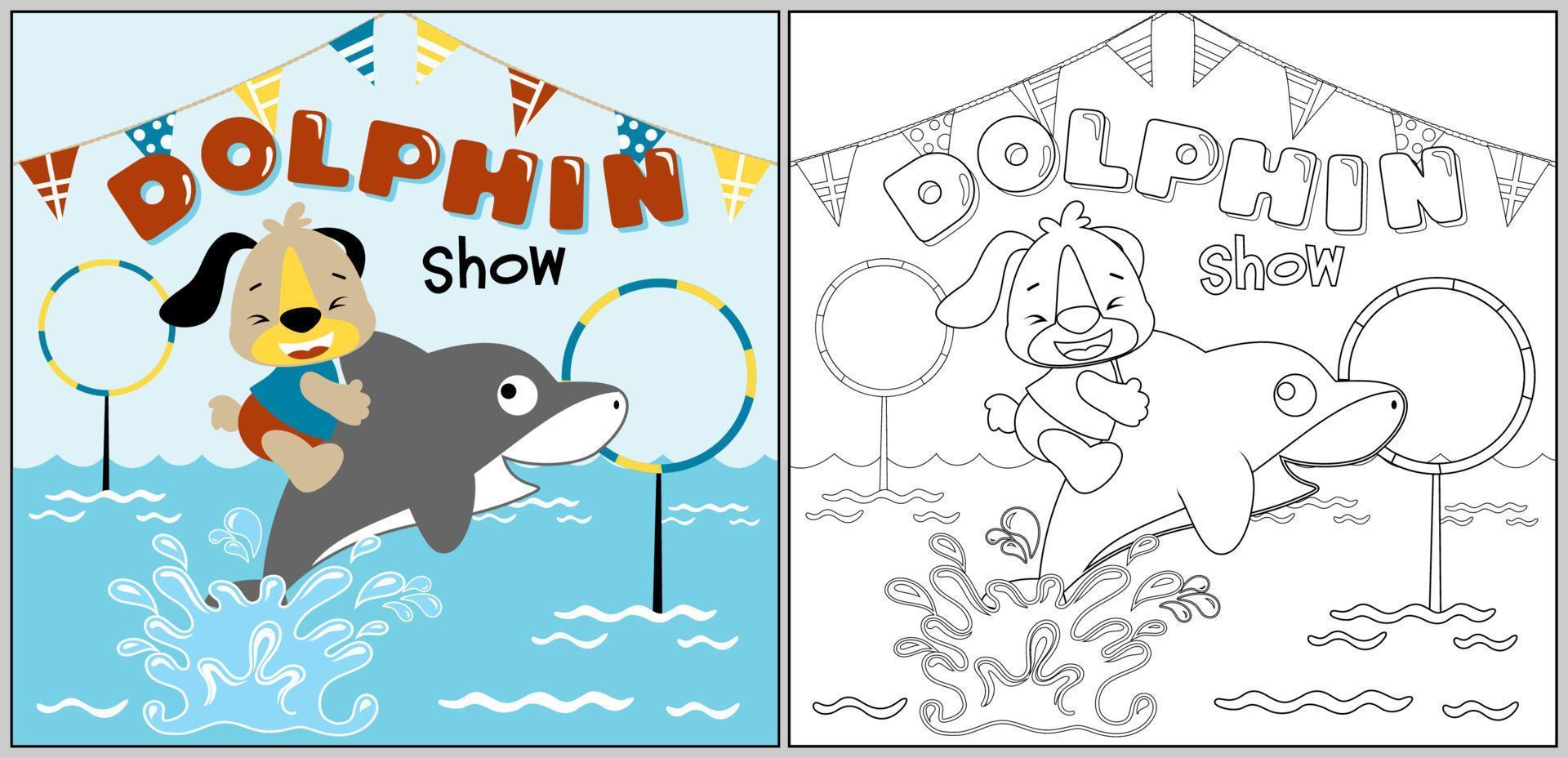 Cute dolphin with puppy in circus show, vector cartoon, coloring page or book