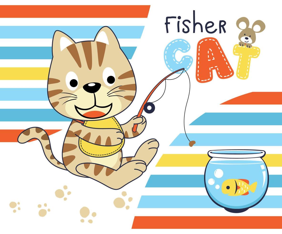 Funny cat fishing at a jar, mice on letter, vector cartoon illustration