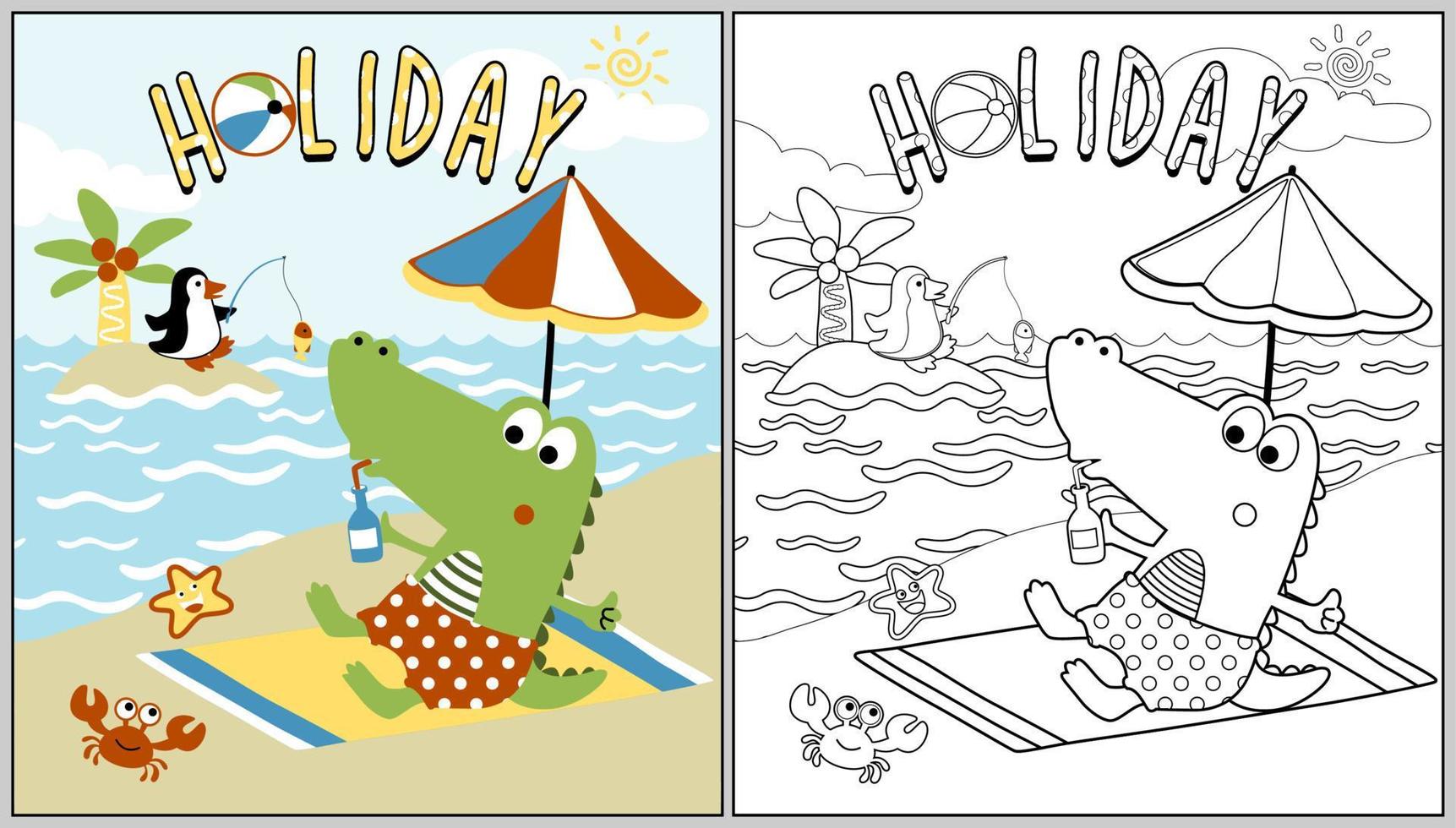 Vector cartoon of cute crocodile with penguin holiday in beach, coloring page or book