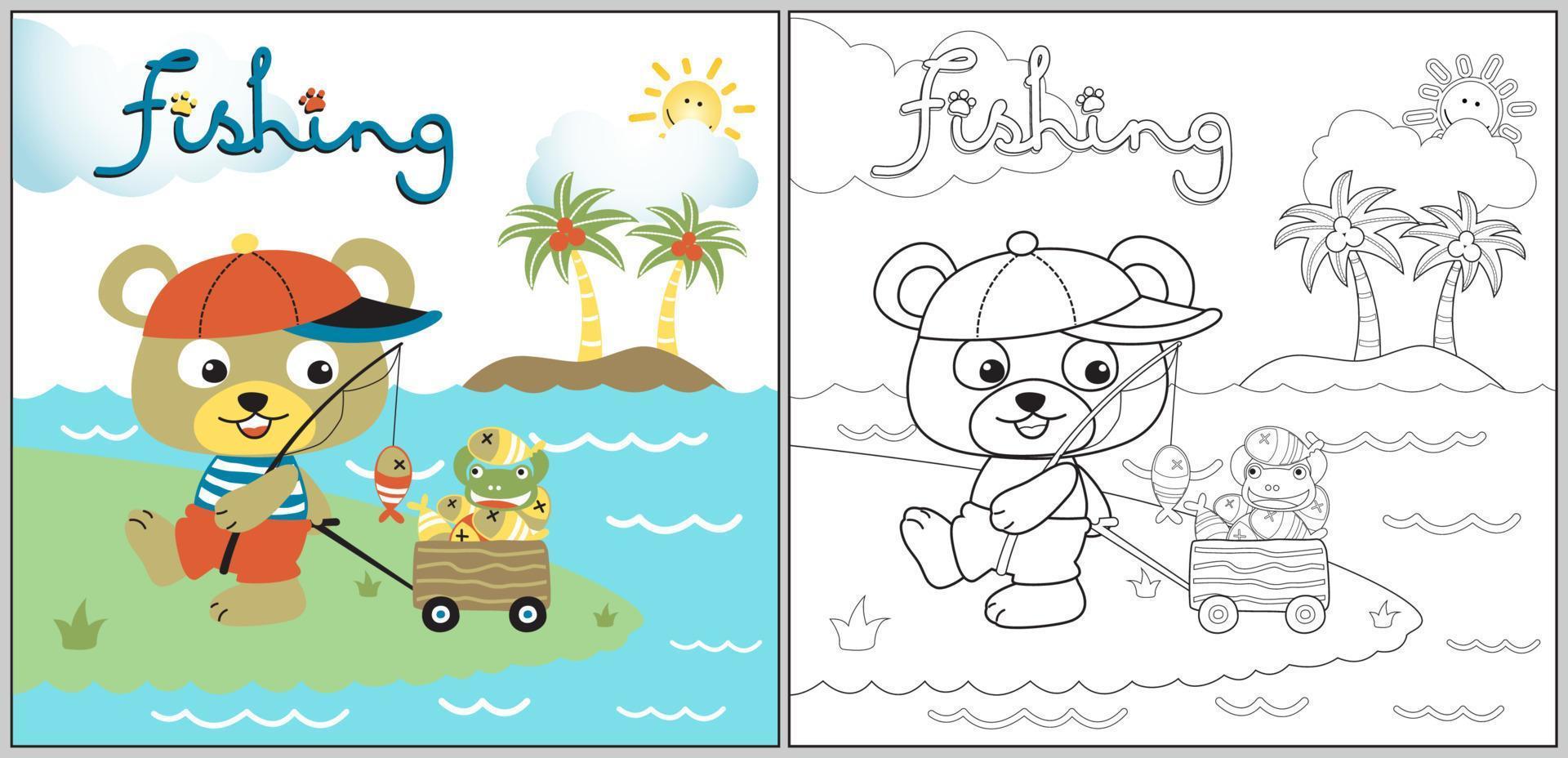 Little bear with frog back from fishing, vector cartoon illustration, coloring page or book