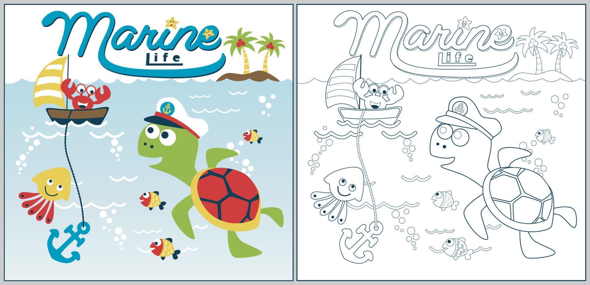 Cartoon vector illustration, cute turtle with marine animals, crab on sailboat, coloring page or book