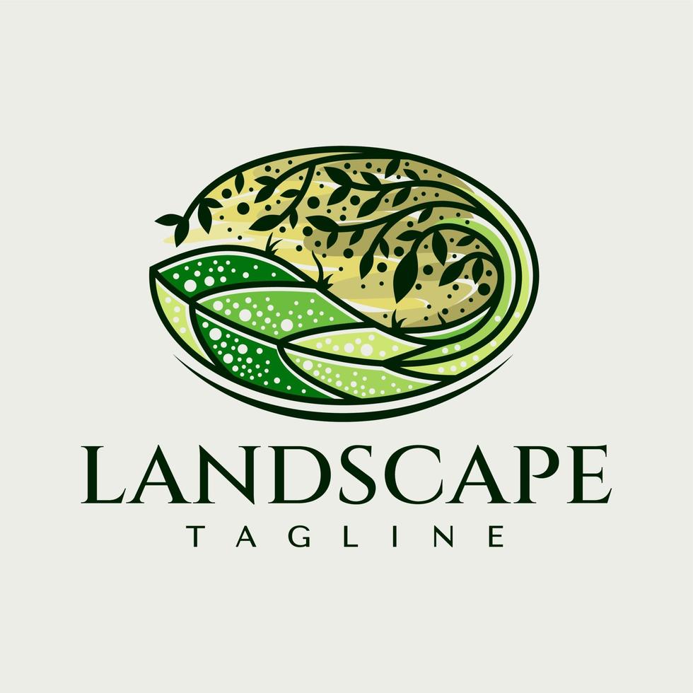 Vintage colorful nature landscape logo branding. Oval leaf and tree logo design. vector