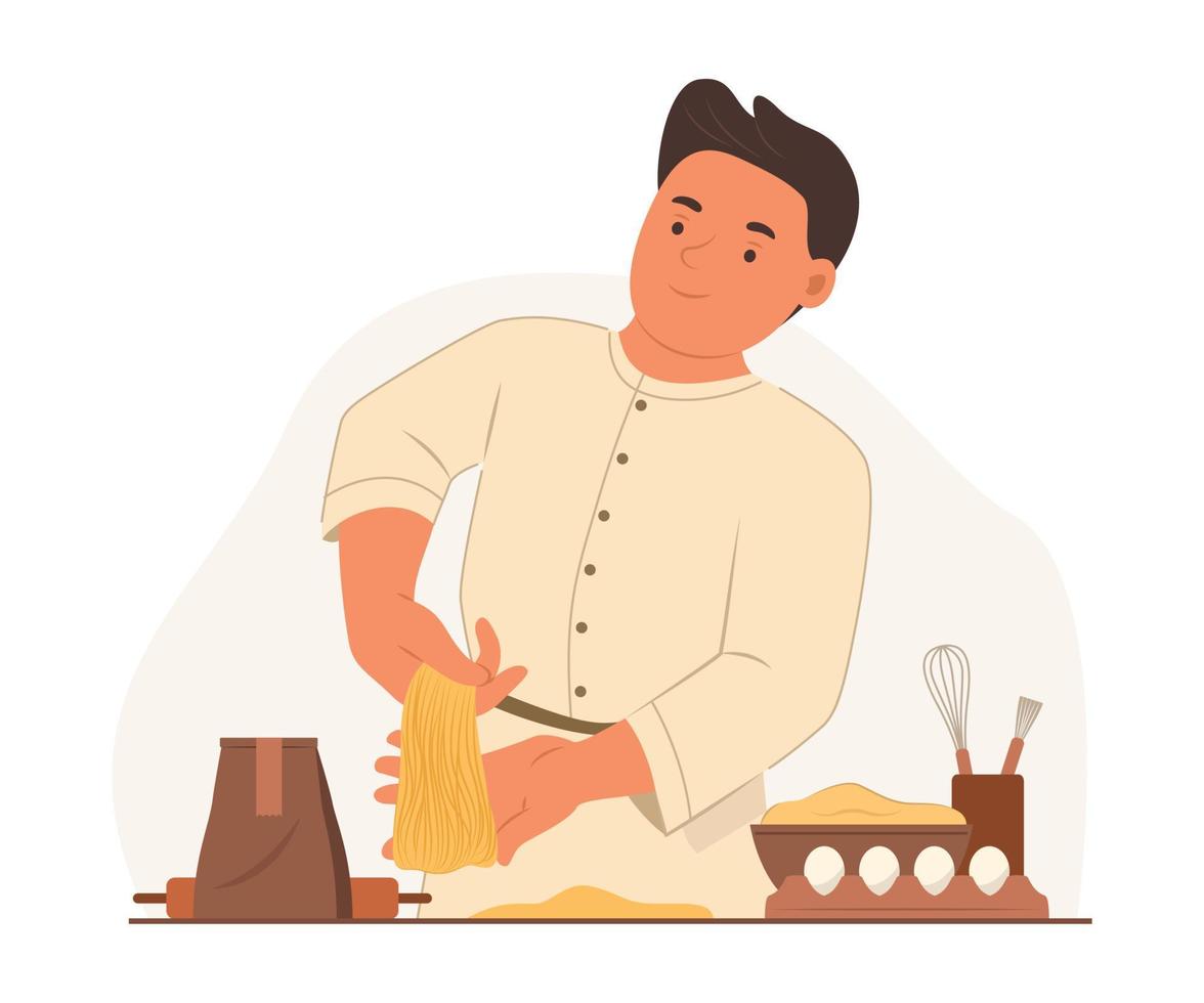 Chef Man Making Pasta or Egg Noodles for Food Cooking vector