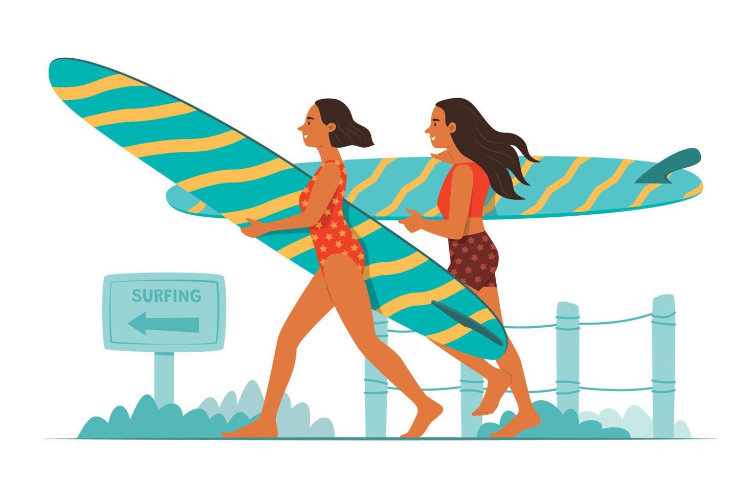 deporte mujer participación tabla de surf y caminando en playa para verano al aire libre persecuciones concepto ilustración vector