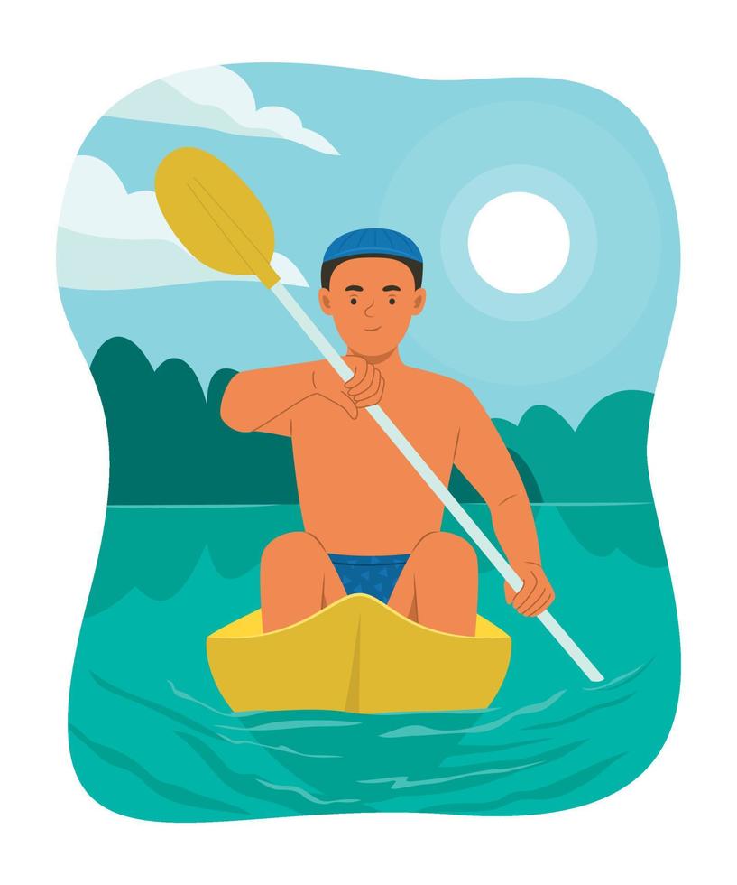 Handsome Man Enjoying with Rowing Canoe in River vector