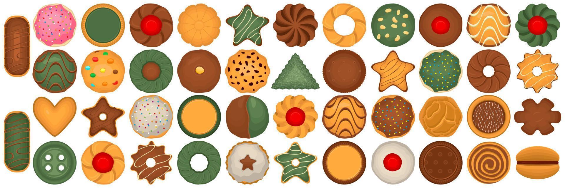 gran juego de galletas caseras de diferentes sabores en galletas de pastelería vector