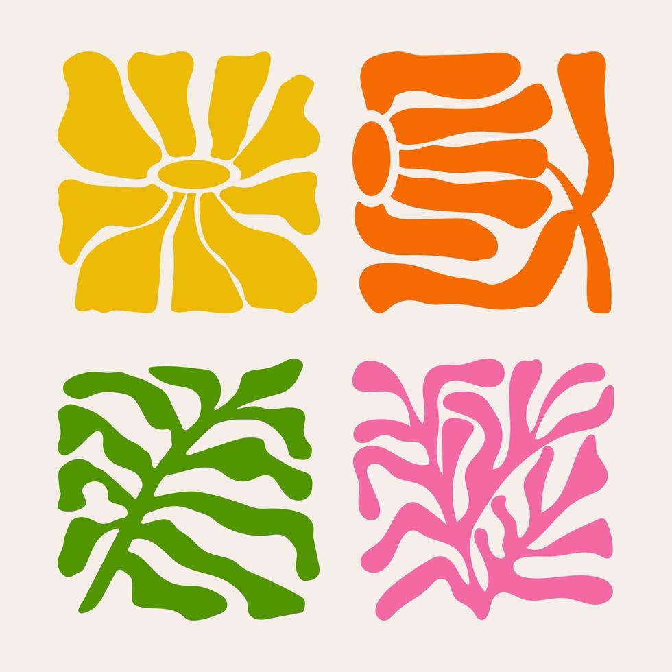 Groovy abstract flowers and plants set. vector