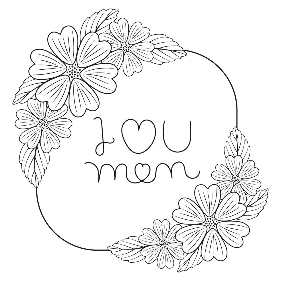 hand drawn doodle flower bouquet, with i love you mom,text Wreath flower frame, Cute doodle brush Round floral frame, mother day gift, greeting card box, design elements for, poster, banner, Vector